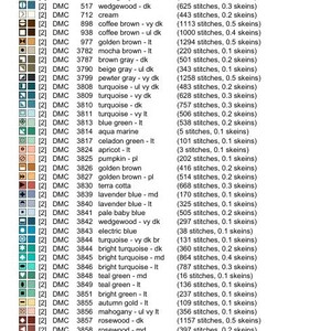 May include: A cross-stitch pattern chart with a legend of DMC thread colors. The chart includes the author's name, company, copyright, website, grid size, and design area of 12.79" x 12.79". The legend lists thread colors and stitch counts.