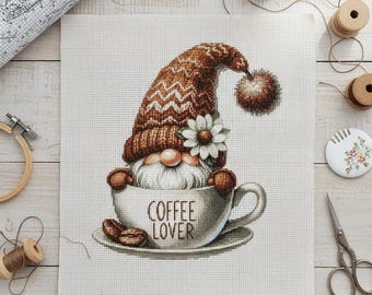 Coffee Gnome Counted Cross Stitch Pattern (Digital PDF)