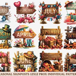 12 Months Seasonal Signposts Cross Stitch Patterns (Digital Download)