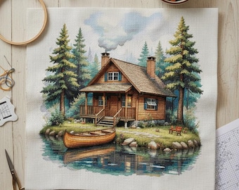Lake Cabin Kreuzstichmuster: Kanu & Waldhütte (PDF Pattern keeper Kompatible Version)