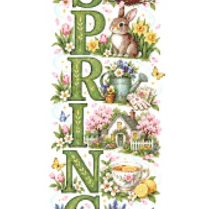 May include: A vertical cross-stitch pattern spelling SPRING in large green letters. Each letter is decorated with seasonal motifs including a blue bird in a nest, a brown rabbit, a watering can, a house, a teacup, and green rain boots.