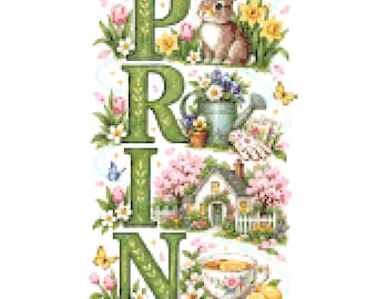 Puede incluir: Un patrón de punto de cruz vertical que deletrea SPRING en letras verdes grandes. Cada letra está decorada con motivos estacionales que incluyen un pájaro azul en un nido, un conejo marrón, una regadera, una casa, una taza de té y botas de agua verdes.