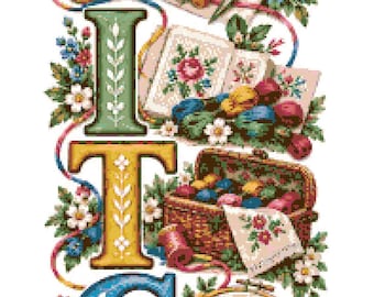 May include: A vertical cross-stitch pattern spelling the word STITCH. Each letter is decorated with floral motifs and surrounded by sewing supplies including embroidery hoops, scissors, spools of thread, a needle cushion, and a sewing basket.