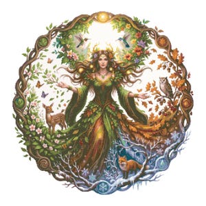 May include: A circular cross-stitch pattern featuring a central figure in a green dress surrounded by seasonal elements. The design includes a deer, owl, fox, hummingbirds, flowers, autumn leaves, and winter snow, all framed by a twisted tree branch border.