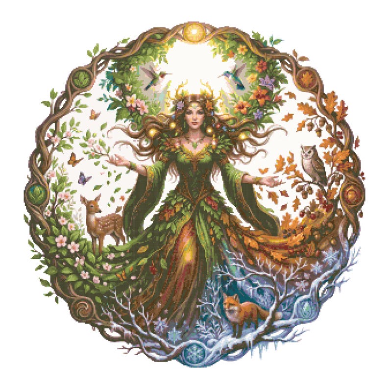 May include: A circular cross-stitch pattern featuring a central figure in a green dress surrounded by seasonal elements. The design includes a deer, owl, fox, hummingbirds, flowers, autumn leaves, and winter snow, all framed by a twisted tree branch border.