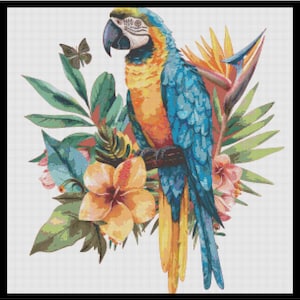 May include: A blue and yellow macaw parrot perched on a branch with tropical flowers and leaves. The parrot has a black beak and a blue and green tail.