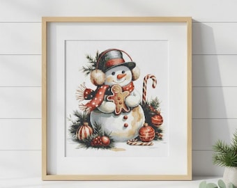 Snowman with Gingerbread Cookie Christmas Counted Cross Stitch PDF Pattern Keeper 30 count Thread