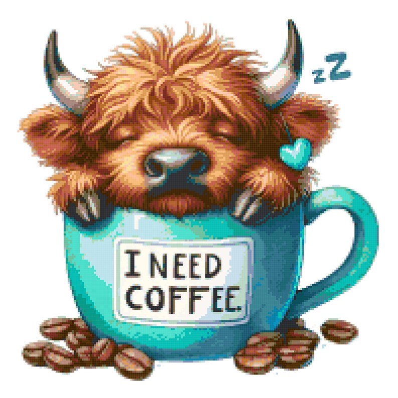 May include: A whimsical illustration of a sleeping Highland cow nestled in a teal coffee mug. The mug has the text "I NEED COFFEE" and is surrounded by coffee beans. A small blue heart and "zz" are also included.