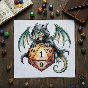May include: Cross-stitch of a green dragon wearing a black hooded cloak, holding a large, orange and yellow D20 die with the number 19. The dragon has green wings and is set against a white background. Various dice and a book are scattered around.