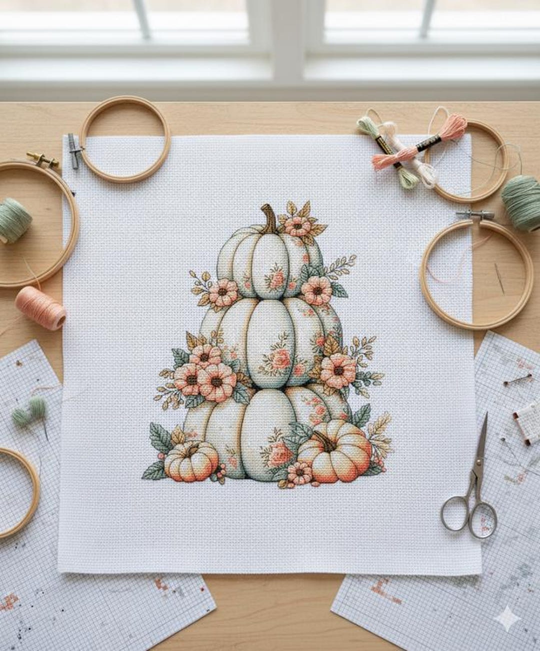 Stictch Fall Floral Pumpkin Stack Cross Stitch Pattern: Vintage Fall Design (PDF) - Etsy