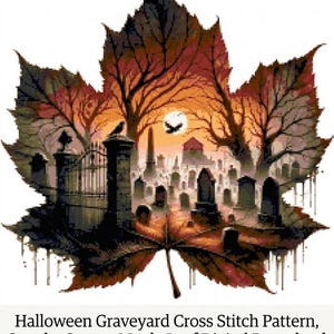 Halloween Friedhof Kreuzstich-Muster, gruseliger Sonnenuntergang Ahornblatt Digital Download