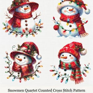 Snowmen Quartet Cross Stitch Pattern, Winter Holiday Decor (PDF Digital Download)