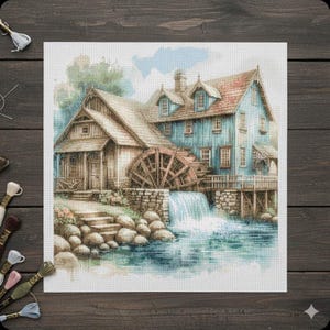May include: A cross-stitch pattern depicts a picturesque watermill scene. The mill features a blue facade, a red roof, and a large wooden water wheel. A waterfall cascades into a serene blue river, surrounded by rocks and lush greenery. The overall color palette is soft and inviting.