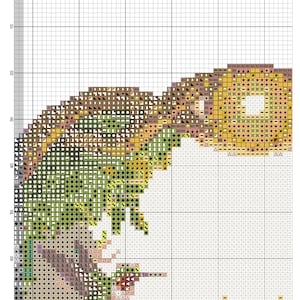 May include: A cross-stitch pattern chart on a grid labeled 14 ct Aida Designed by AutumnAndrea. The chart features a design with shades of green, brown, and yellow symbols. The page includes grid coordinates, the text 2025, and Page: 3.