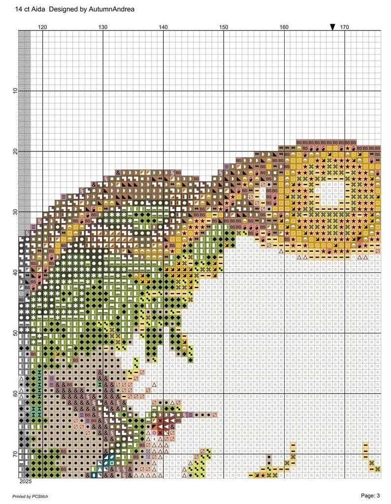 May include: A cross-stitch pattern chart on a grid labeled 14 ct Aida Designed by AutumnAndrea. The chart features a design with shades of green, brown, and yellow symbols. The page includes grid coordinates, the text 2025, and Page: 3.