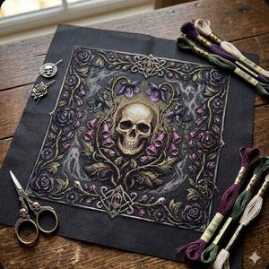 May include: A square black fabric piece featuring a detailed cross-stitch embroidery of a central human skull surrounded by purple and green floral vines. The design includes a decorative border, metal skull-shaped scissors, two small metal pins, and six skeins of embroidery floss in purple, green, and cream colors.