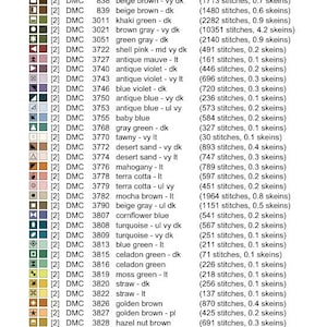 May include: A cross stitch pattern document titled No Title by Autumn Andrea. It lists grid size 336W x 336H, design area 21.14 inches by 21.43 inches, and a detailed legend of DMC thread colors, symbols, and stitch counts for each color.