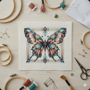 以下が含まれることがあります： オフホワイトの布に、ターコイズ、オレンジ、クリーム色のクロスステッチの蝶のデザイン。刺繍枠、糸巻き、針、ハサミに囲まれ、手芸プロジェクトを連想させる画像です。