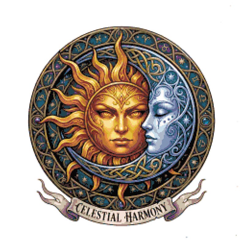 K&ouml;nnte beinhalten: Eine kreisf&ouml;rmige Grafik mit einem goldenen Sonnengesicht und einem silbernen Mondgesicht, die ineinander verschlungen sind. Das Design ist von einem dunkelblauen Rand mit Tierkreiszeichen und Knotenmustern umgeben. Ein Banner zeigt CELESTIAL HARMONY.