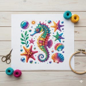 Könnte beinhalten: Ein farbenfrohes Kreuzstichdesign mit einem Seepferdchen, Seesternen und Muscheln. Das Seepferdchen ist der Mittelpunkt, mit einem Regenbogen an Farben. Das Design umfasst Blasen, eine Sonne und grünes Laub. Stickgarn und ein Stickrahmen sind im Hintergrund.