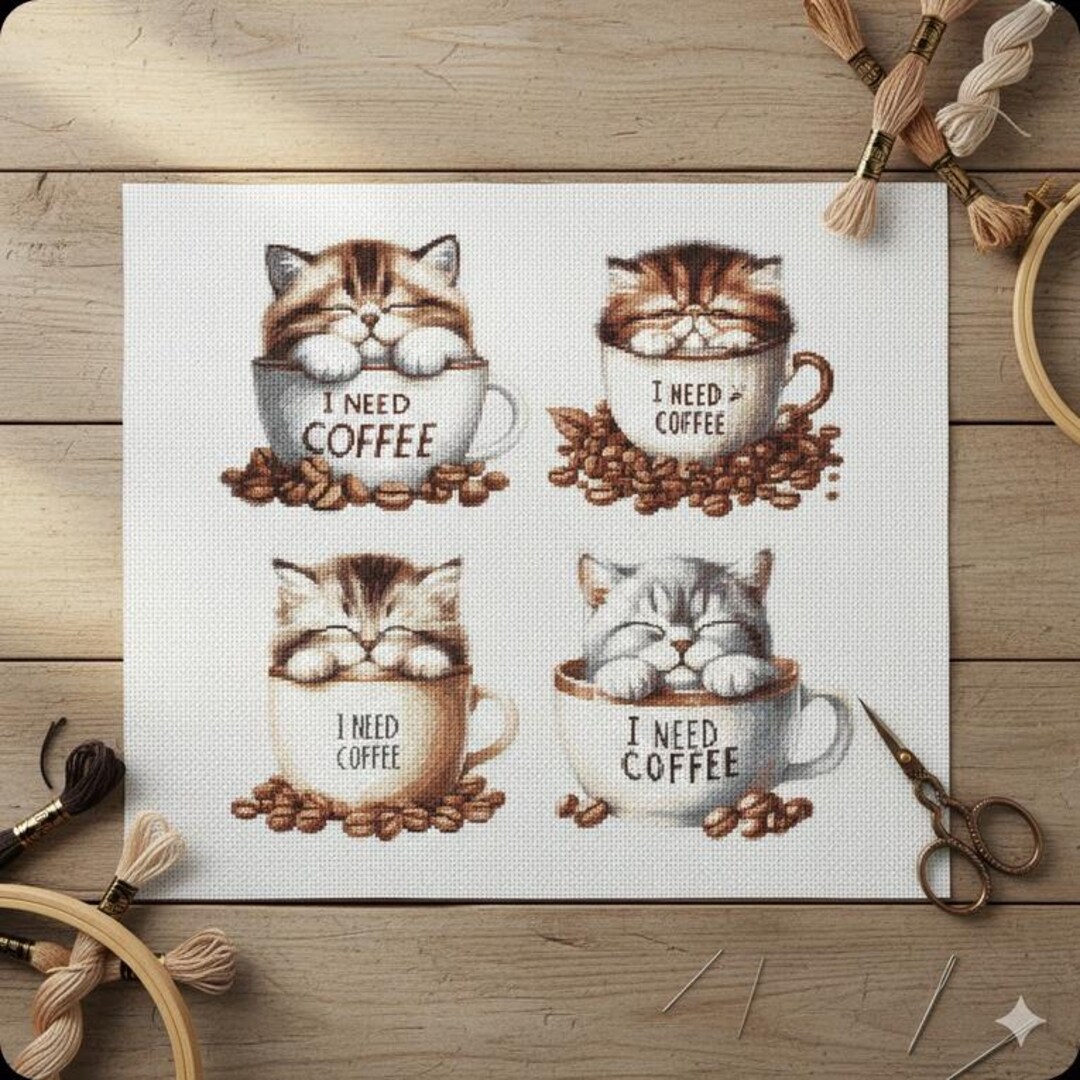 I Need Coffee" Sleepy Cats - Counted Cross Stitch Pattern Set PDF - Etsy