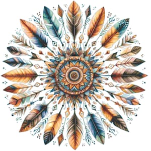 May include: A circular watercolor design featuring a central mandala with radiating feathers. The feathers are in shades of orange, brown, blue, and teal, arranged around a detailed, multi-layered mandala. The design has an overall bohemian or Native American aesthetic.