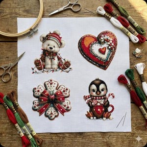 May include: A cross-stitch project with festive designs: a teddy bear, a heart, a snowflake, and a penguin. The designs are stitched on white fabric, using red, green, and white embroidery floss. Scissors, needles, and an embroidery hoop are also present.