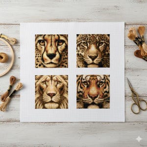 Könnte beinhalten: Ein quadratisches Kreuzstichdesign mit vier Gesichtern großer Katzen: ein Gepard, ein Jaguar, ein Löwe und ein Tiger. Die detaillierte Nadelarbeit verwendet Braun-, Beige- und Goldtöne. Stickgarn, ein Stickrahmen und eine Schere sind sichtbar.