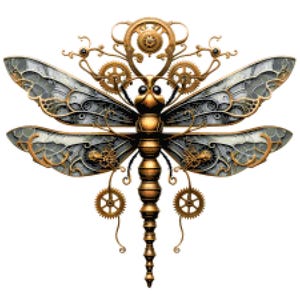 May include: A steampunk-style dragonfly illustration. The dragonfly features intricate details with metallic gold and silver wings, a segmented body, and gear-like accents. The wings are a mix of silver and gray, with gold trim. The body is a gradient of gold.