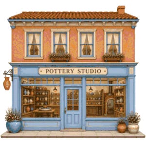 May include: A two-story pottery studio building with an orange facade and a blue storefront. The shop features large glass windows displaying shelves of ceramic vessels, a central door, and a sign reading POTTERY STUDIO. Potted plants sit outside.