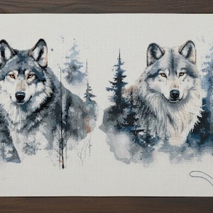 May include: Watercolor painting of two wolves in a forest setting. The artwork features shades of gray and blue, with spools of blue thread, gold scissors, a pink pin cushion, and a pattern sheet. The overall theme is a nature-inspired craft project.