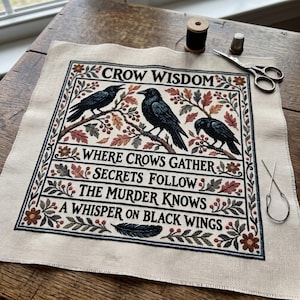 May include: A square piece of beige fabric featuring a cross-stitch embroidery of three black crows perched on branches with autumn-colored leaves. The text reads: CROW WISDOM, WHERE CROWS GATHER, SECRETS FOLLOW, THE MURDER KNOWS, A WHISPER ON BLACK WINGS.
