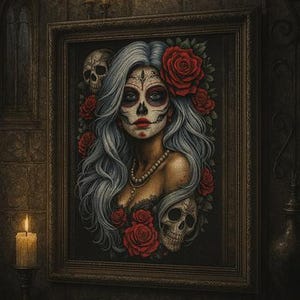 May include: A framed portrait of a woman with sugar skull makeup, surrounded by red roses and skulls. The woman has long, silver hair and wears a pearl necklace. The artwork is set in a dimly lit room with candles and a book.