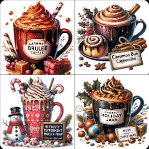 Puede incluir: Cuatro ilustraciones de tazas de café especiales. Las tazas están llenas de crema batida y aderezos. Las tazas están etiquetadas como "Caramel Brulee Coffee", "Cinnamon Bun Cappuccino", "Frosty Peppermint Mocha Frap" y "Chestnut Holiday Java".