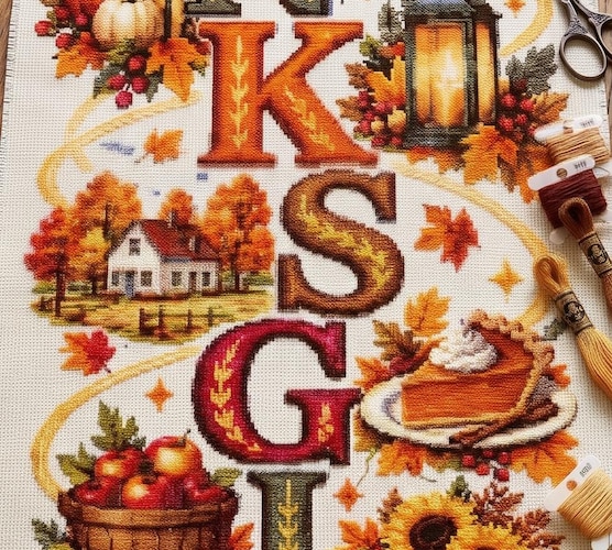 Banner Thanksgiving Cross Stitch Pattern — Autumn Banner Sampler with Turkey & Pumpkin
