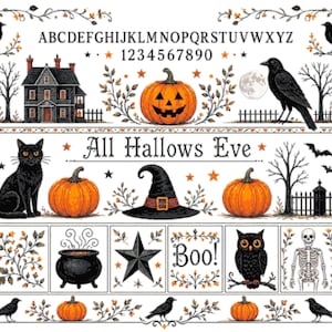 May include: A decorative Halloween-themed print featuring the text All Hallows Eve and Boo, an alphabet, numbers, a haunted house, jack-o'-lanterns, a black cat, a witch hat, a cauldron, a star, an owl, a skeleton, and crows within a floral border.