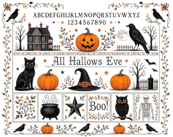 May include: A decorative Halloween-themed print featuring the text All Hallows Eve and Boo, an alphabet, numbers, a haunted house, jack-o'-lanterns, a black cat, a witch hat, a cauldron, a star, an owl, a skeleton, and crows within a floral border.