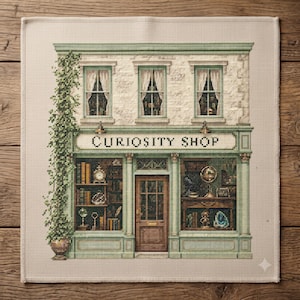 以下が含まれることがあります： クリーム色の布に施されたクロスステッチ刺繍で、CURIOSITY SHOPという文字が書かれた2階建ての店が描かれています。ファサードはライトグリーンで、中央に茶色のドア、本や工芸品で満たされた大きなショーウィンドウがあり、左側には蔦が絡まっています。