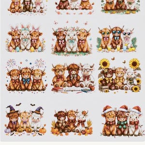 May include: A cross-stitch pattern featuring twelve panels of Highland cows in seasonal themes. Each panel showcases three cows adorned with accessories like party hats, sunglasses, and holiday attire. The pattern is 8 inches by 8 inches.