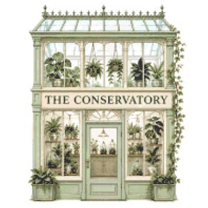 May include: A two-story light green greenhouse structure with glass panels and a central door. The text THE CONSERVATORY is printed on a horizontal sign above the door. The interior is filled with various potted green plants and hanging foliage.