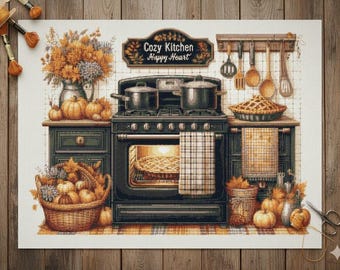 Schema punto croce per cucina accogliente, raccolto autunnale, Ringraziamento (download digitale PDF)