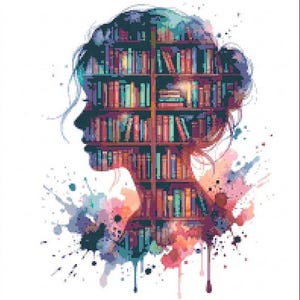 Woman Bookshelf Silhouette Cross Stitch Pattern, Watercolor Library Design (Digital Download)