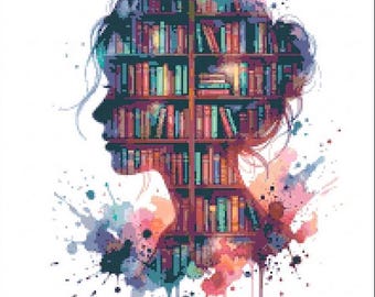 Woman Bookshelf Silhouette Cross Stitch Pattern, Watercolor Library Design (Digital Download)
