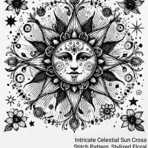 Intricate Celestial Sun Cross Stitch Pattern, Stylized Floral Mandala PDF Chart