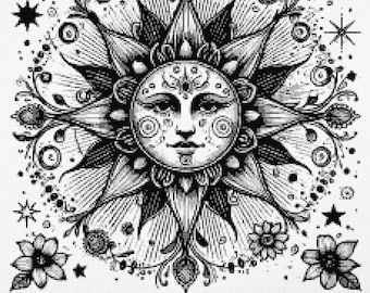 Intricate Celestial Sun Cross Stitch Pattern, Stylized Floral Mandala PDF Chart