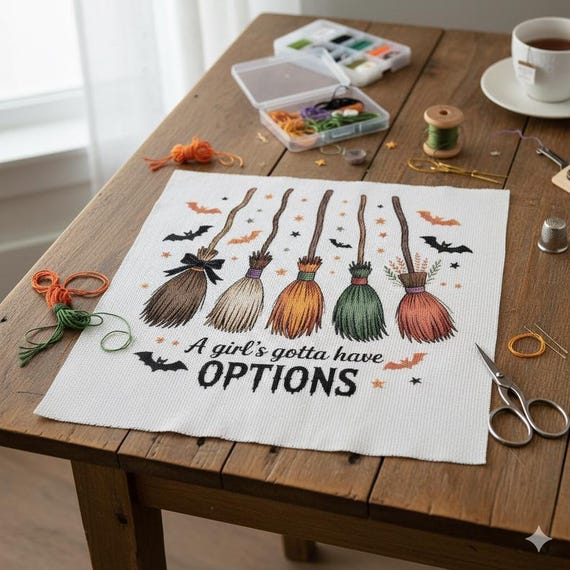 Funny Witch Broom Cross Stitch Pattern: Spooky Halloween Decor (PDF Chart Downloadable)