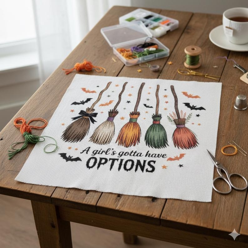 May include: A white cross-stitch project with the phrase "A girl's gotta have OPTIONS" and illustrations of five colorful witch brooms. The brooms are brown, black, orange, green, and red. Bats and stars are also included in the design. Sewing supplies are on the wooden table.