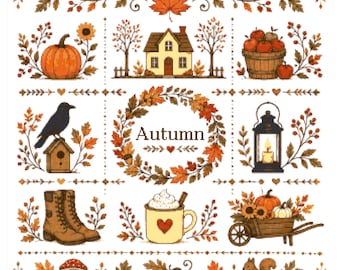 May include: A grid-style cross stitch pattern featuring autumn motifs including a pumpkin, a house, a basket of apples, a crow on a birdhouse, a lantern, boots, a mug with whipped cream, a wheelbarrow, a mushroom, acorns, and a squirrel.