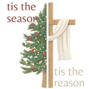 Peut inclure: Image divisée verticalement, avec un sapin de Noël orné de boules rouges et de lumières à gauche, et une croix en bois avec un drapé à droite. Le texte dit "tis the season" et "tis the reason", dans une police festive.