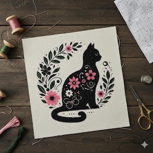 Patrón de punto de cruz floral de gato negro: elegante silueta felina (descarga digital en PDF)